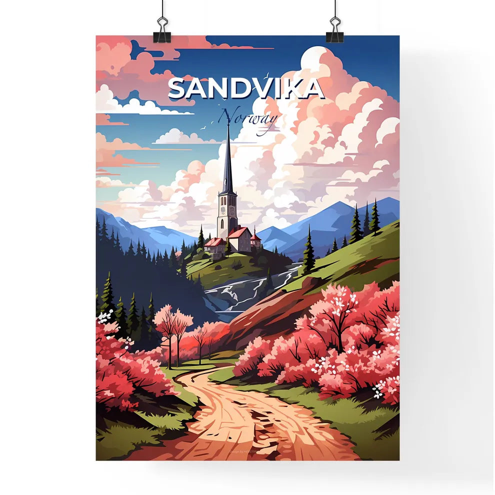Sandvika, Norway, A Poster of a church on a hill with trees and pink flowers Default Title
