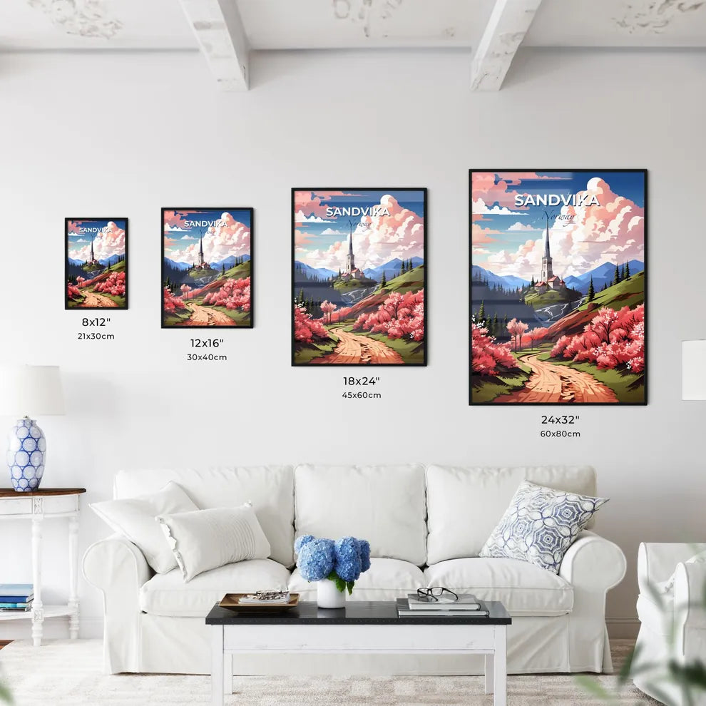 Sandvika, Norway, A Poster of a church on a hill with trees and pink flowers Default Title
