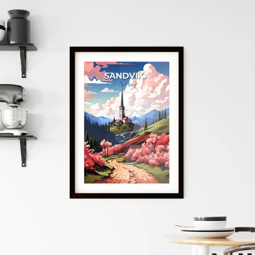 Sandvika, Norway, A Poster of a church on a hill with trees and pink flowers Default Title