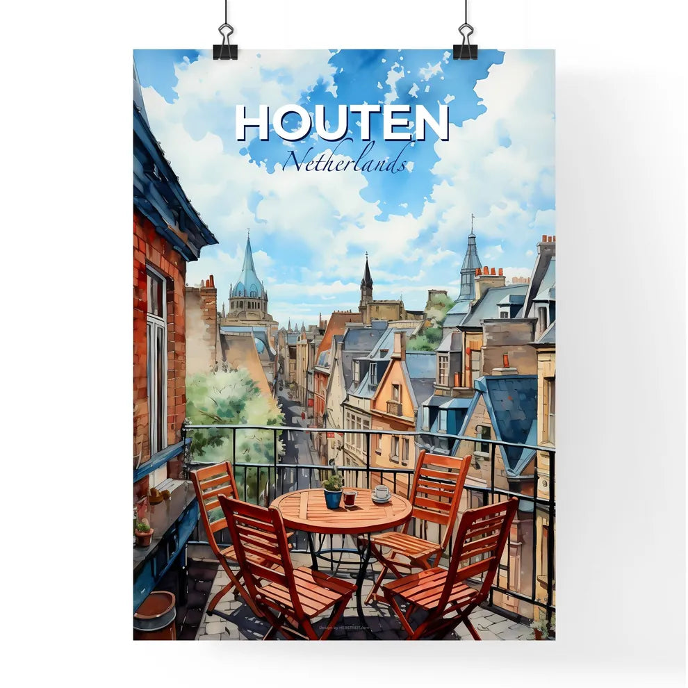 Houten, Netherlands, A Poster of a table and chairs on a balcony overlooking a city Default Title