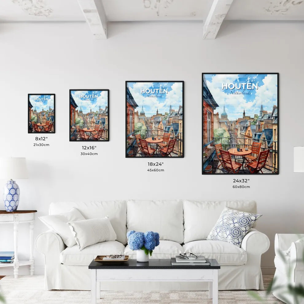 Houten, Netherlands, A Poster of a table and chairs on a balcony overlooking a city Default Title