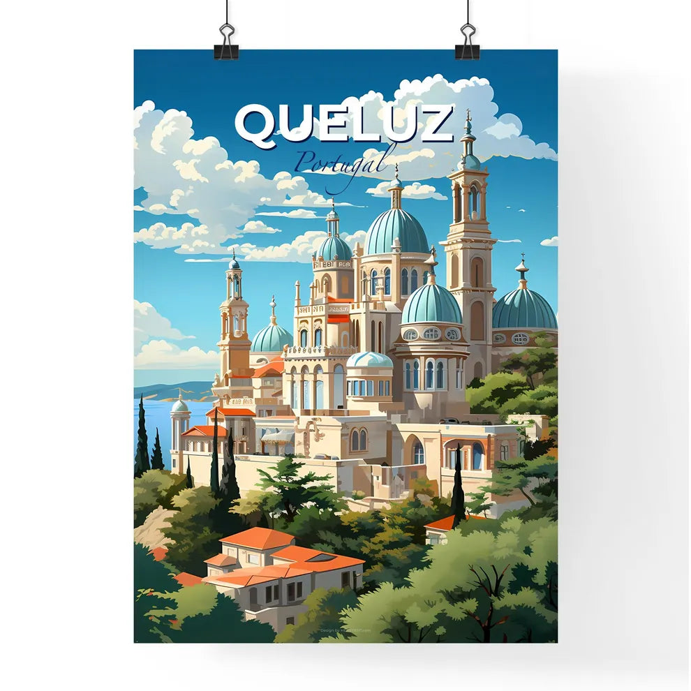 Queluz, Portugal, A Poster of a building with blue domes and trees on a hill Default Title