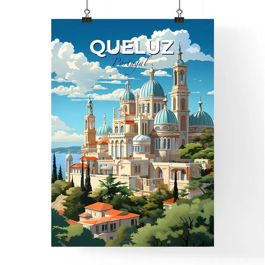Queluz, Portugal, A Poster of a building with blue domes and trees on a hill Default Title
