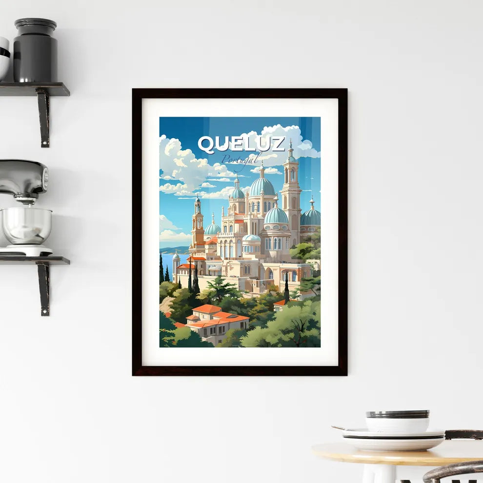 Queluz, Portugal, A Poster of a building with blue domes and trees on a hill Default Title