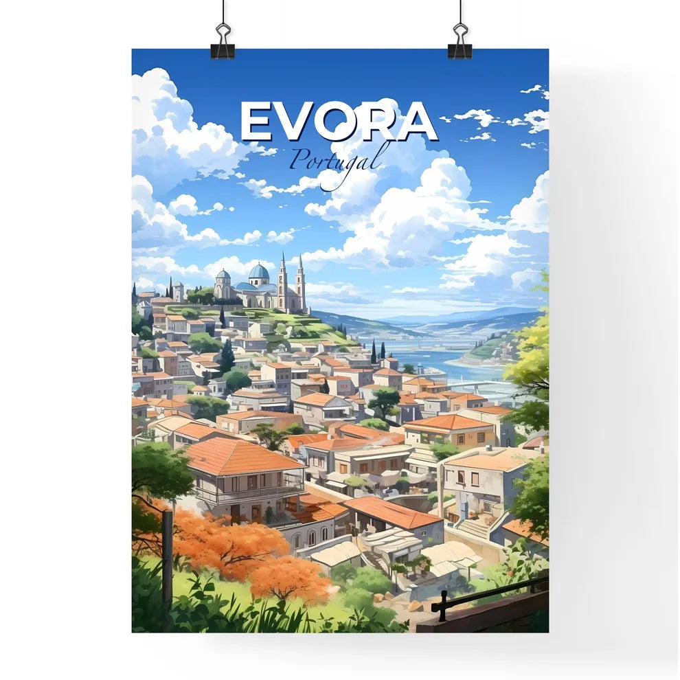Evora, Portugal, A Poster of a city with a blue dome and a church on the hill Default Title