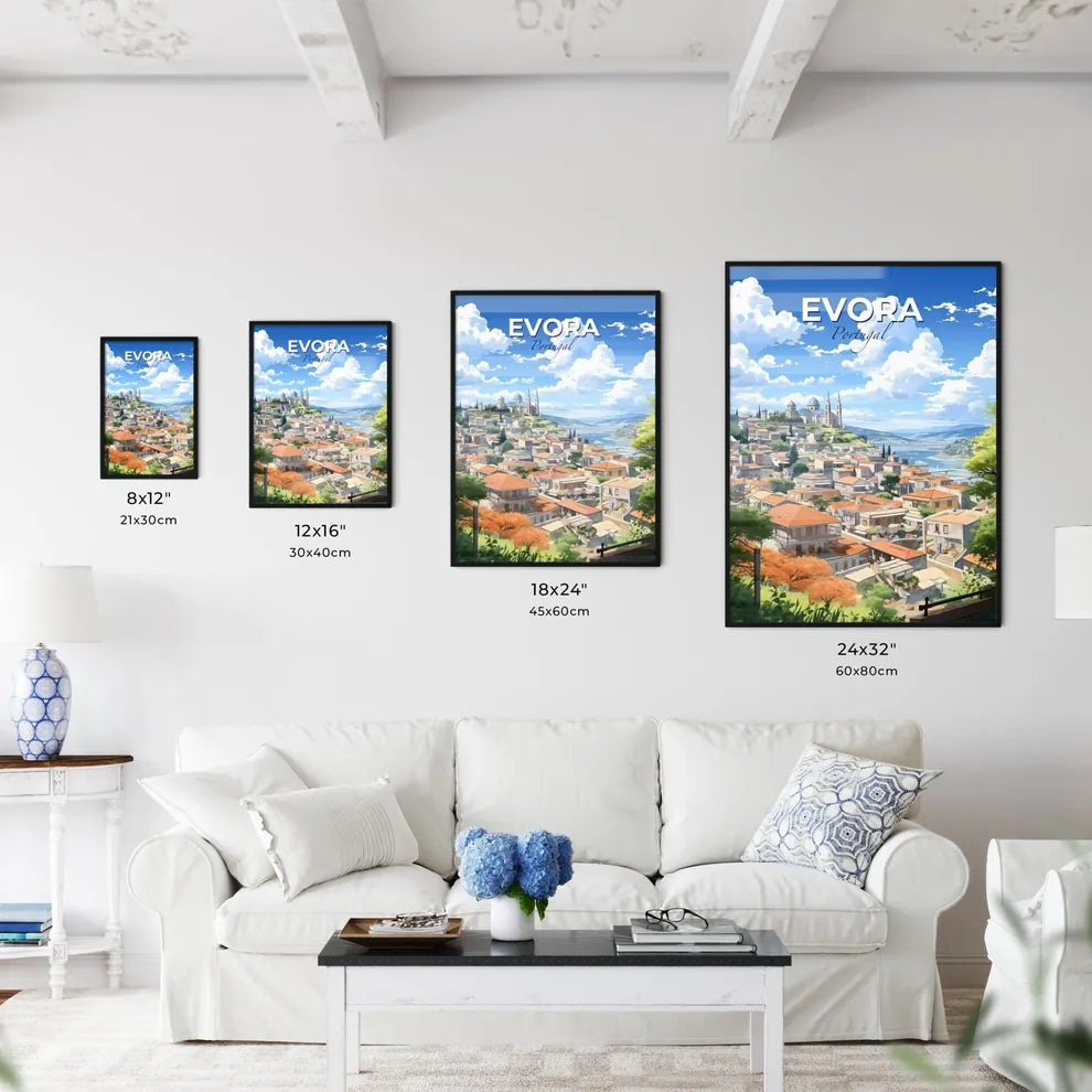 Evora, Portugal, A Poster of a city with a blue dome and a church on the hill Default Title