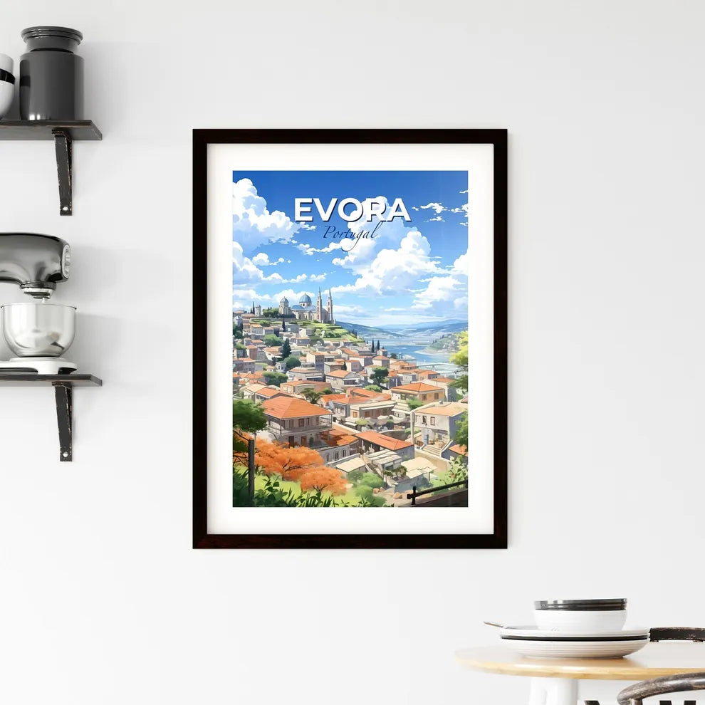 Evora, Portugal, A Poster of a city with a blue dome and a church on the hill Default Title