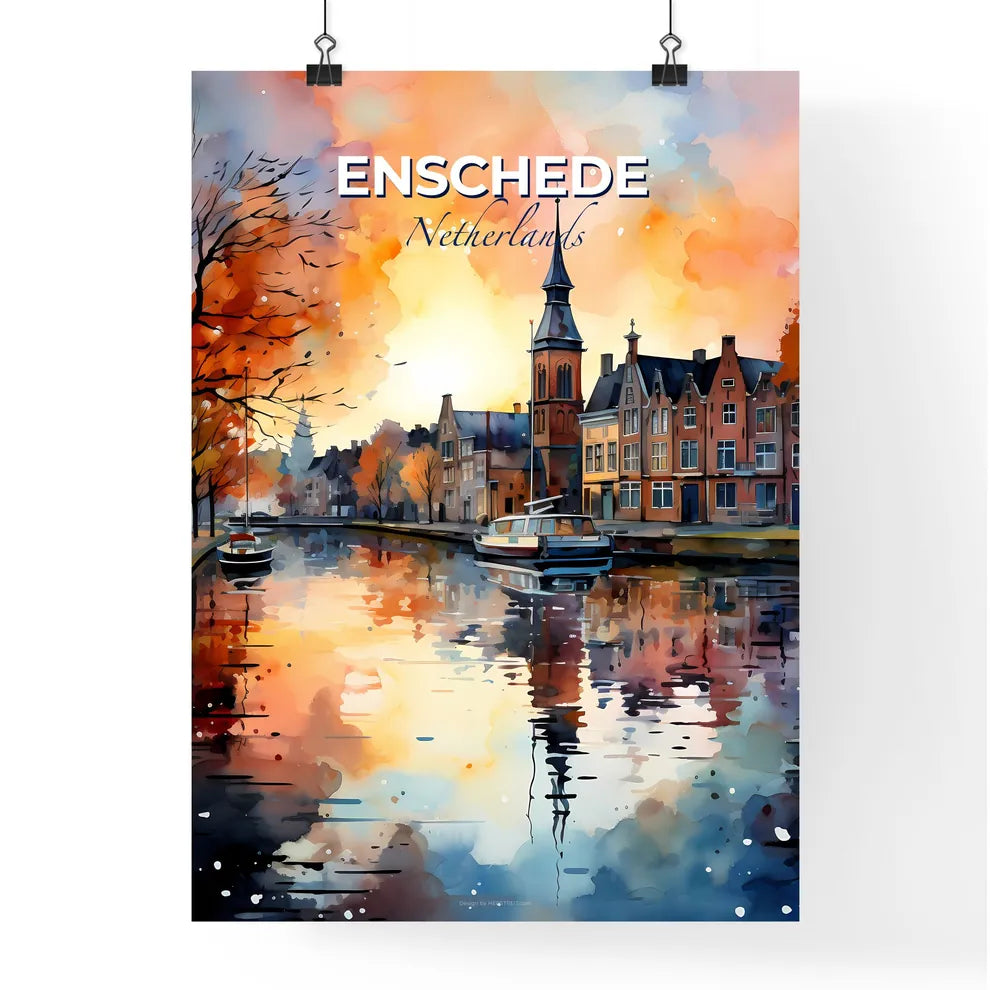 Enschede, Netherlands, A Poster of a watercolor painting of a city with a boat on the water Default Title