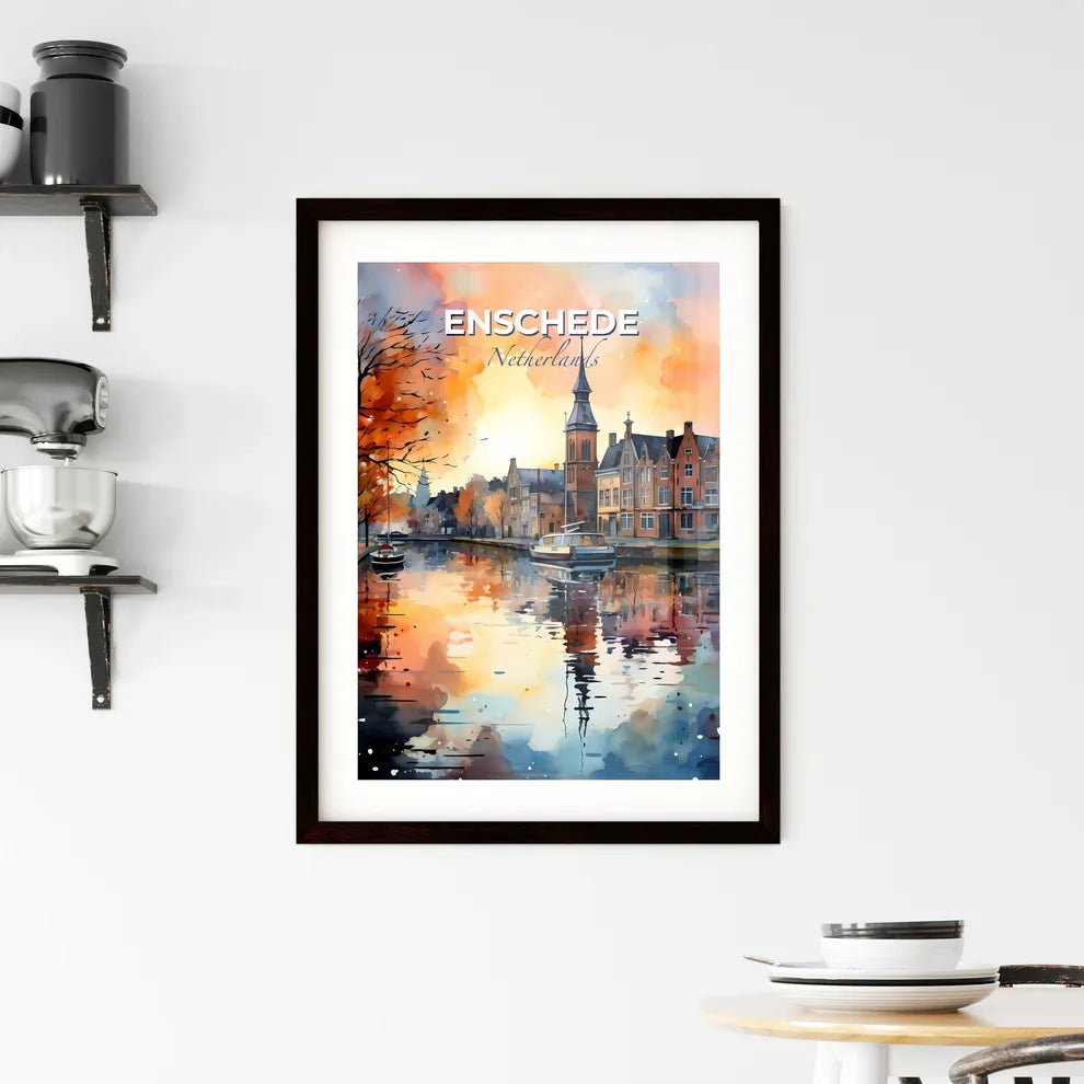 Enschede, Netherlands, A Poster of a watercolor painting of a city with a boat on the water Default Title