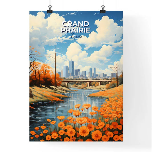 Grand Prairie, Texas, A Poster of a river with orange flowers and a bridge in the background Default Title