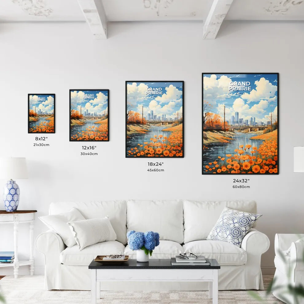 Grand Prairie, Texas, A Poster of a river with orange flowers and a bridge in the background Default Title