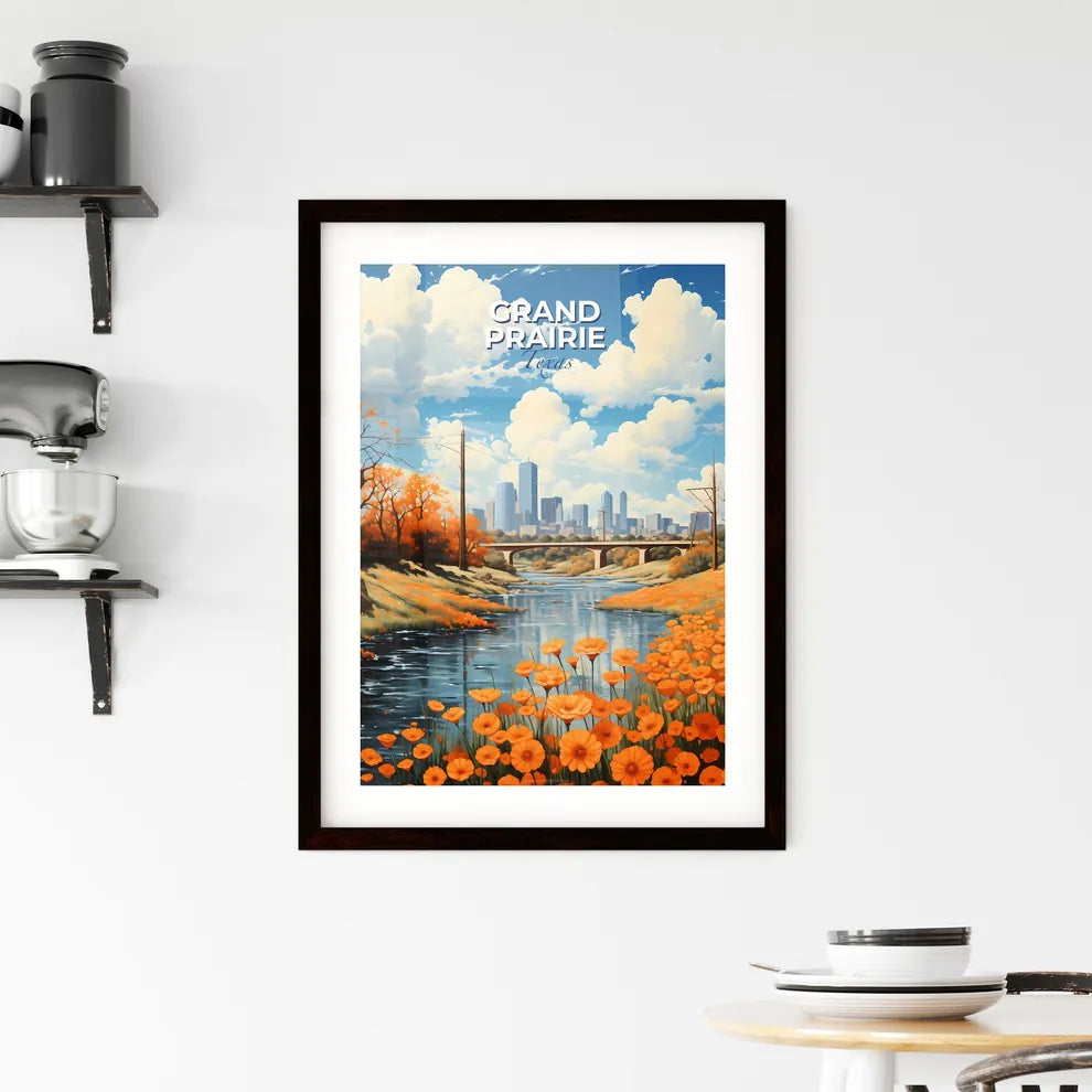 Grand Prairie, Texas, A Poster of a river with orange flowers and a bridge in the background Default Title