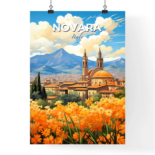 Novara, Italy, A Poster of a landscape of a city with orange flowers and mountains in the background Default Title