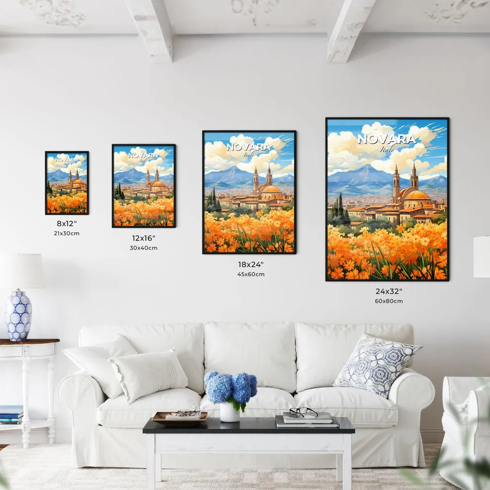 Novara, Italy, A Poster of a landscape of a city with orange flowers and mountains in the background Default Title