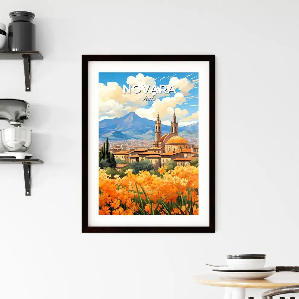 Novara, Italy, A Poster of a landscape of a city with orange flowers and mountains in the background Default Title
