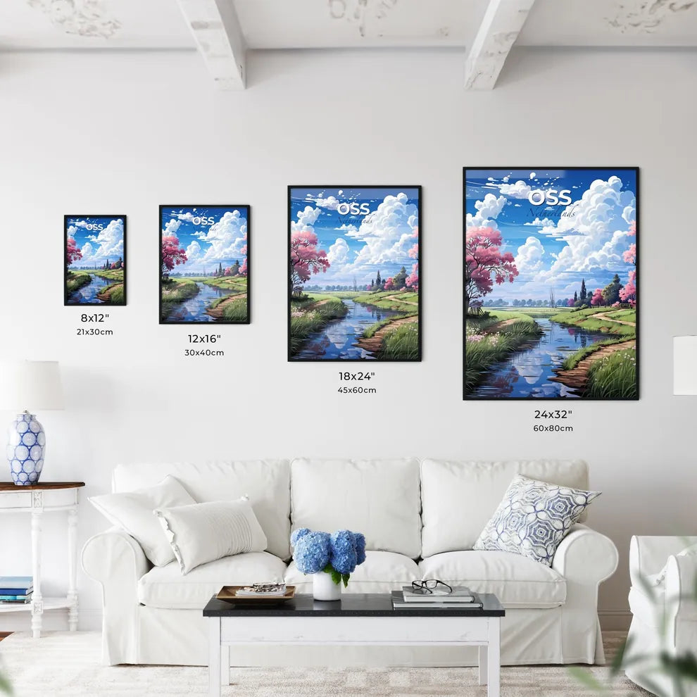 Oss, Netherlands, A Poster of a stream of water with pink flowers and trees Default Title