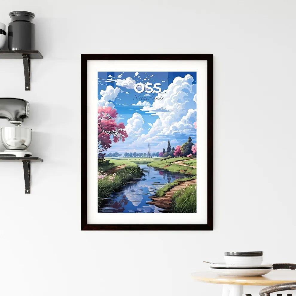 Oss, Netherlands, A Poster of a stream of water with pink flowers and trees Default Title