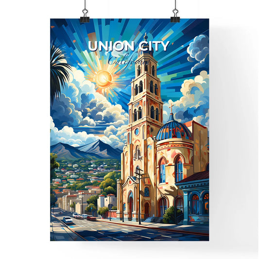Union City, California, A Poster of a painting of a church with a city and mountains in the background Default Title