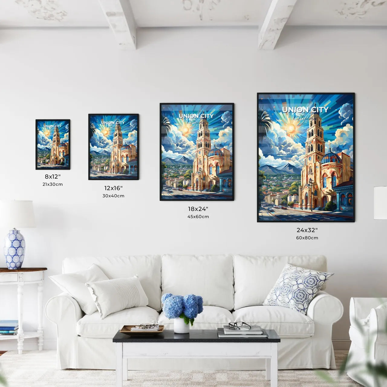Union City, California, A Poster of a painting of a church with a city and mountains in the background Default Title