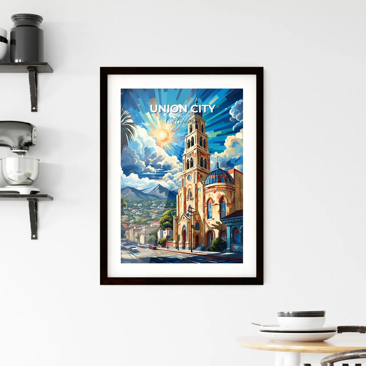Union City, California, A Poster of a painting of a church with a city and mountains in the background Default Title