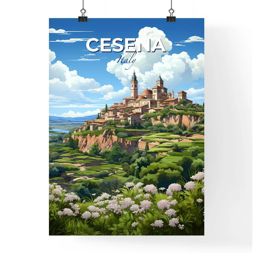 Cesena, Italy, A Poster of a landscape of a town on a hill with trees and a river Default Title