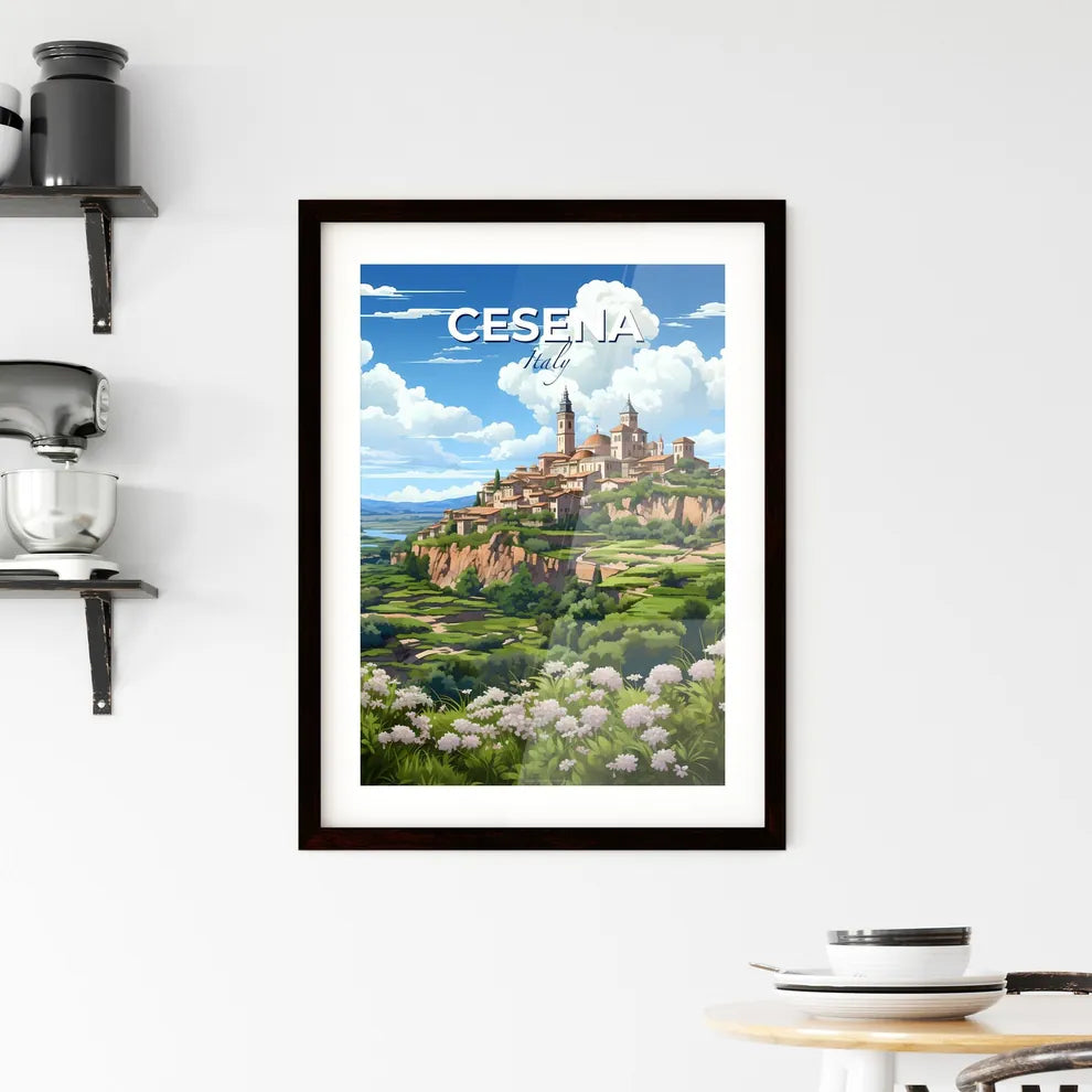 Cesena, Italy, A Poster of a landscape of a town on a hill with trees and a river Default Title