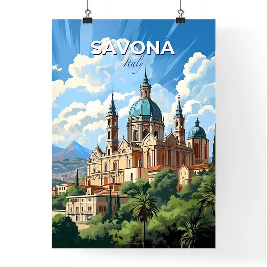 Savona, Italy, A Poster of a building with trees and mountains in the background Default Title