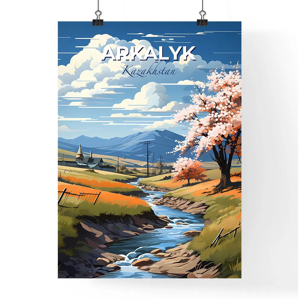 Arkalyk, Kazakhstan, A Poster of a river running through a valley with a tree and a house Default Title