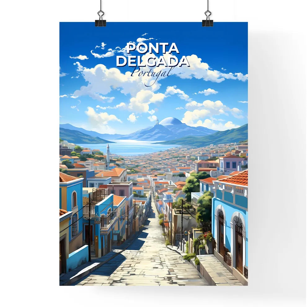 Ponta Delgada, Portugal, A Poster of a street with buildings and mountains in the background Default Title