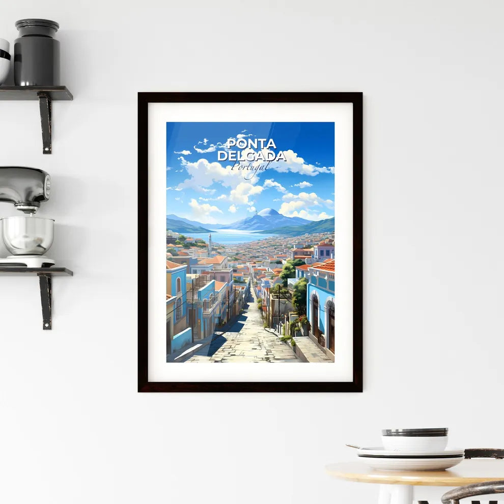 Ponta Delgada, Portugal, A Poster of a street with buildings and mountains in the background Default Title