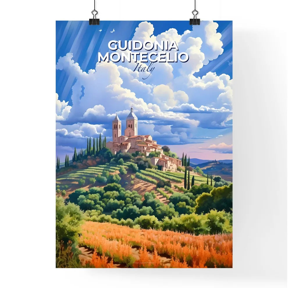 Guidonia Montecelio, Italy, A Poster of a landscape with a building on top of a hill Default Title