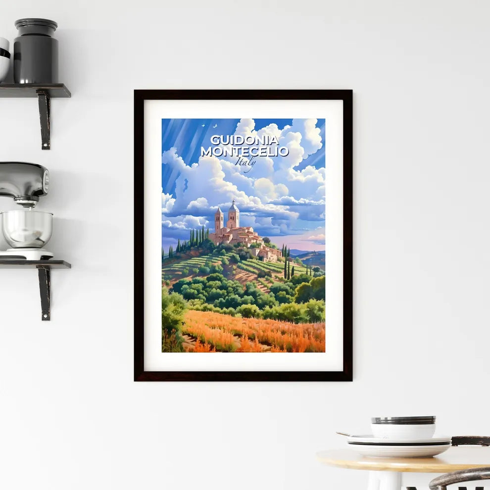 Guidonia Montecelio, Italy, A Poster of a landscape with a building on top of a hill Default Title