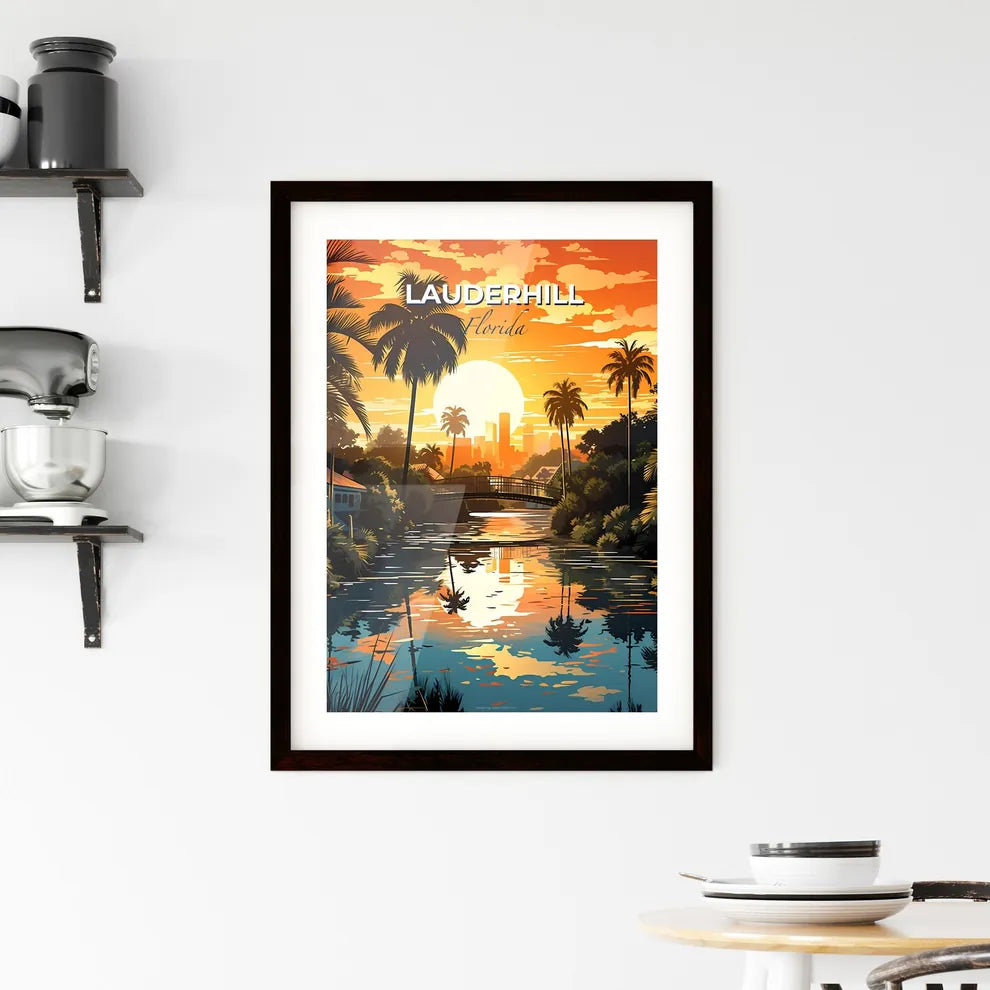 Lauderhill, Florida, A Poster of a sunset over a river with palm trees and a bridge Default Title