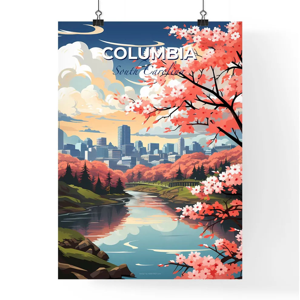 Columbia, South Carolina, A Poster of a river with pink flowers and trees in front of a city Default Title