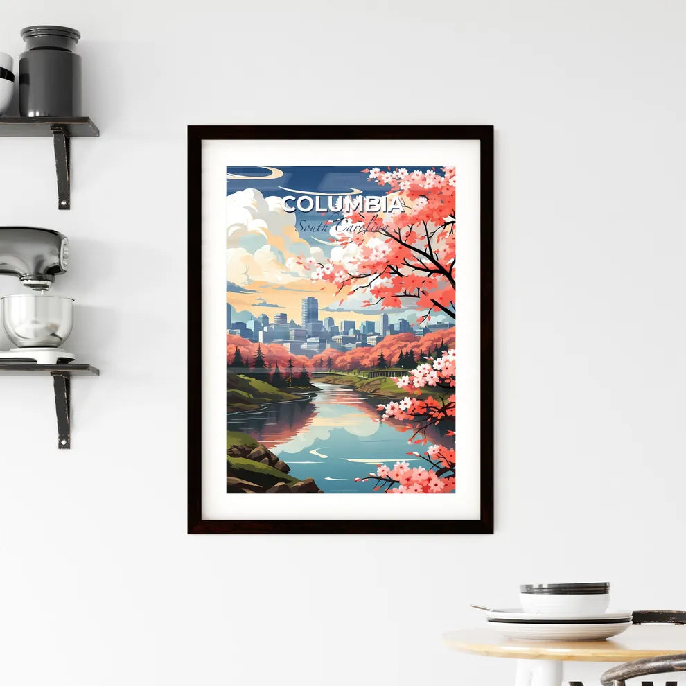 Columbia, South Carolina, A Poster of a river with pink flowers and trees in front of a city Default Title