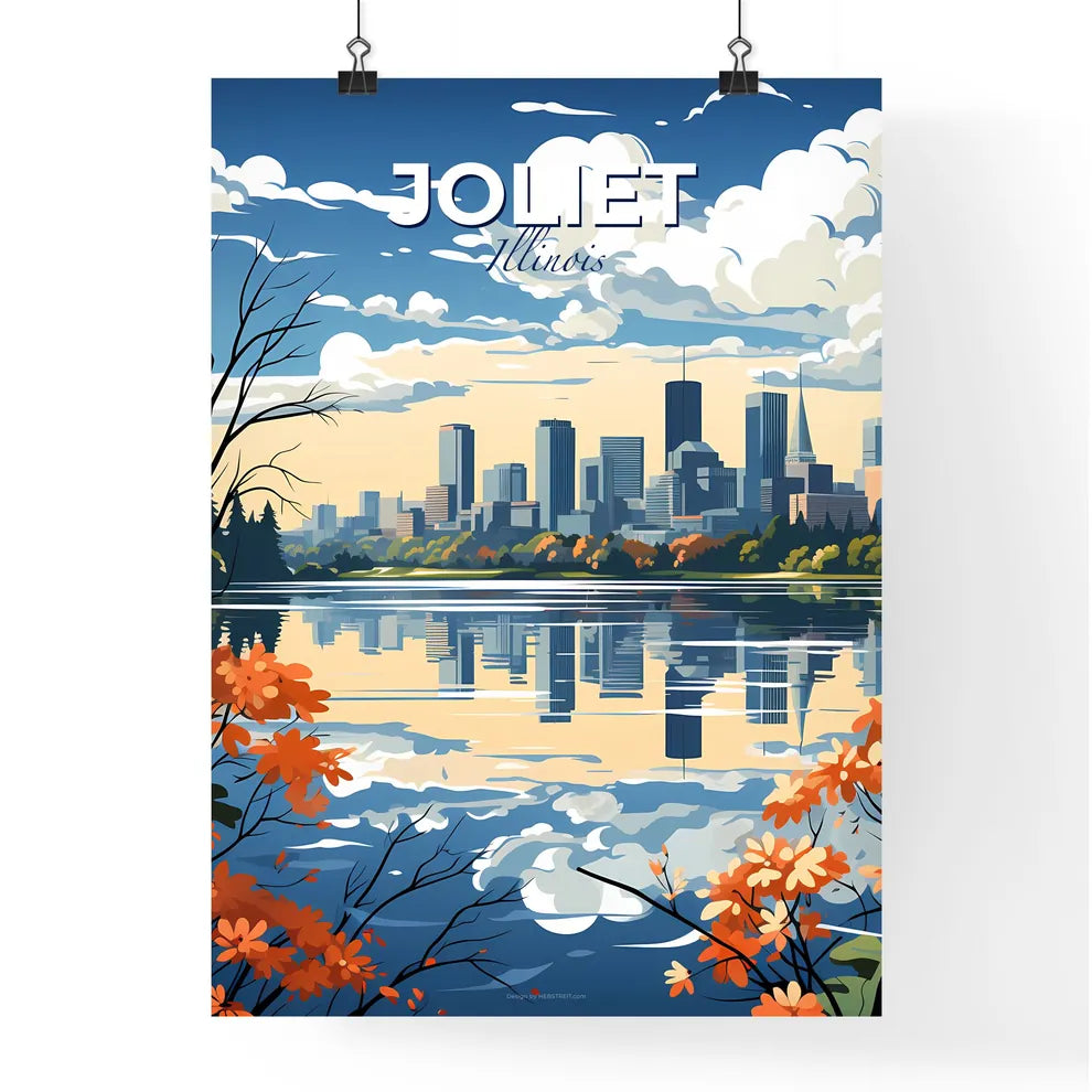 Joliet, Illinois, A Poster of a cityscape with orange flowers and water Default Title
