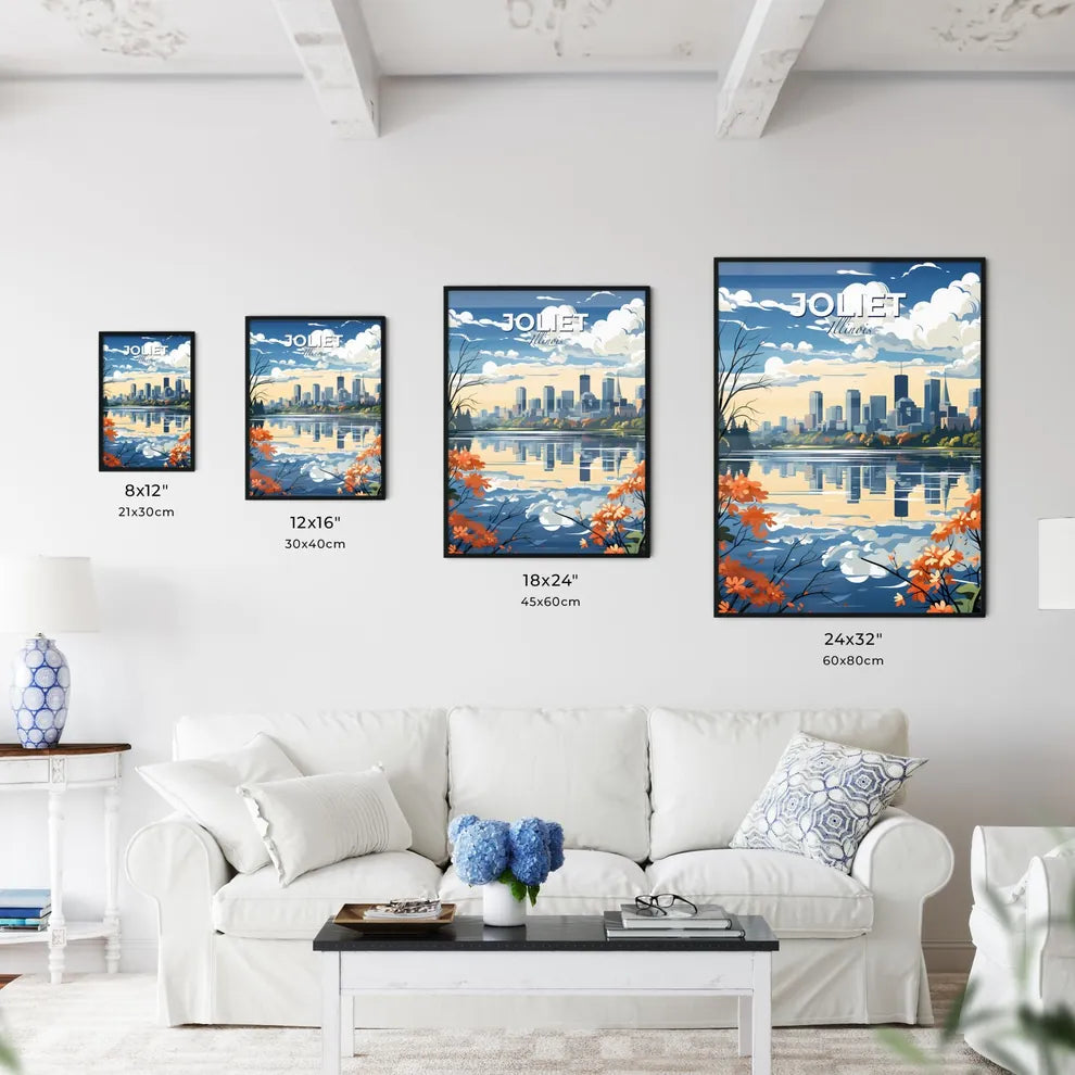 Joliet, Illinois, A Poster of a cityscape with orange flowers and water Default Title
