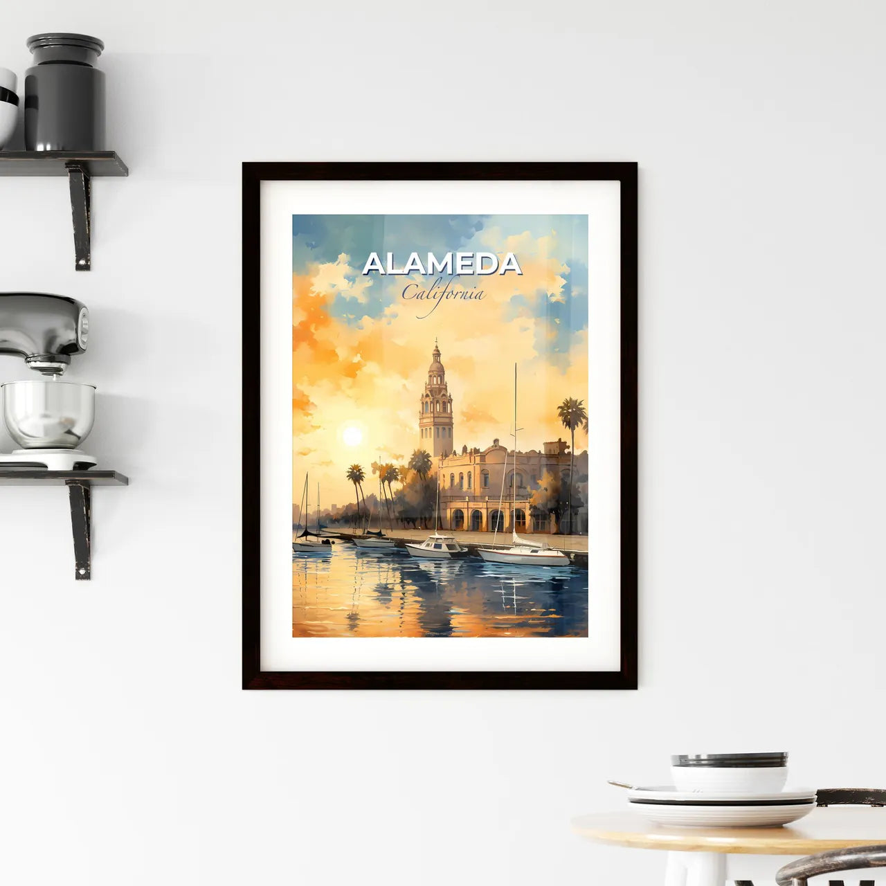 Alameda, California, A Poster of a water with boats and a building in the background Default Title