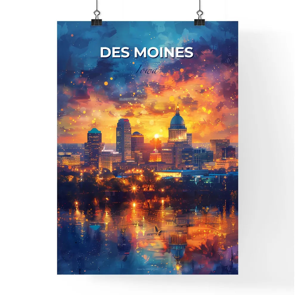 Des Moines, Iowa, A Poster of a city skyline with a colorful sky Default Title