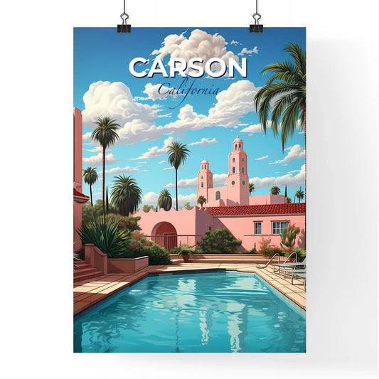 Carson, California, A Poster of a pool in a courtyard with palm trees and buildings Default Title