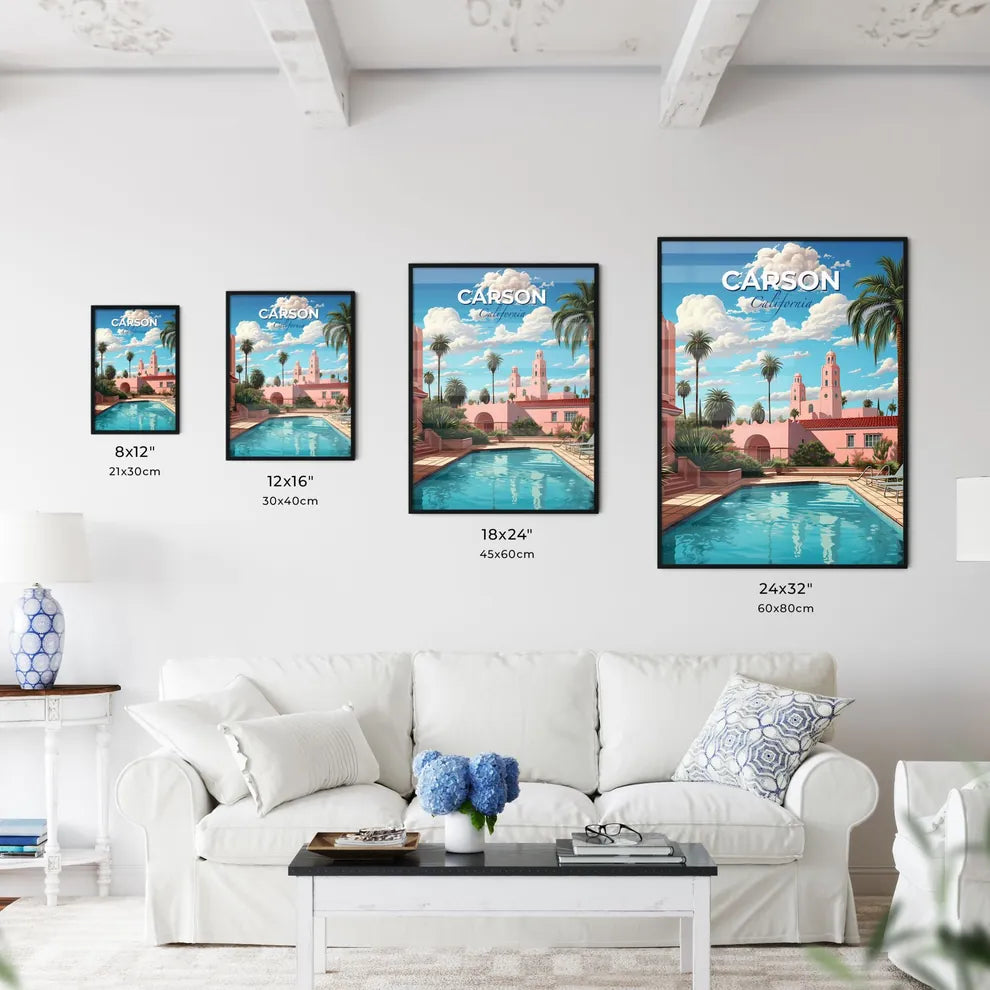 Carson, California, A Poster of a pool in a courtyard with palm trees and buildings Default Title