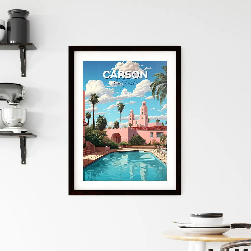 Carson, California, A Poster of a pool in a courtyard with palm trees and buildings Default Title