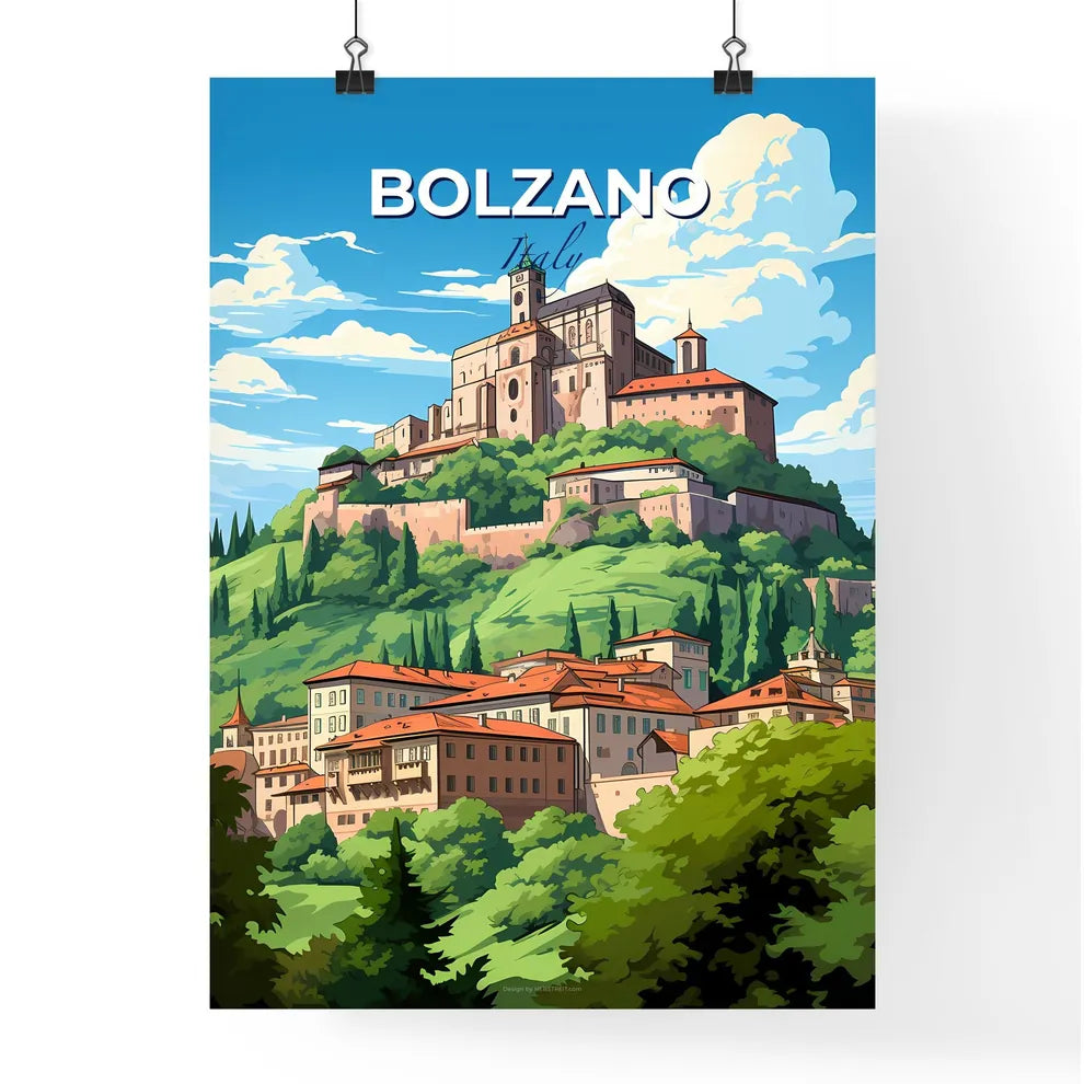 Bolzano, Italy, A Poster of a castle on a hill with trees and buildings Default Title