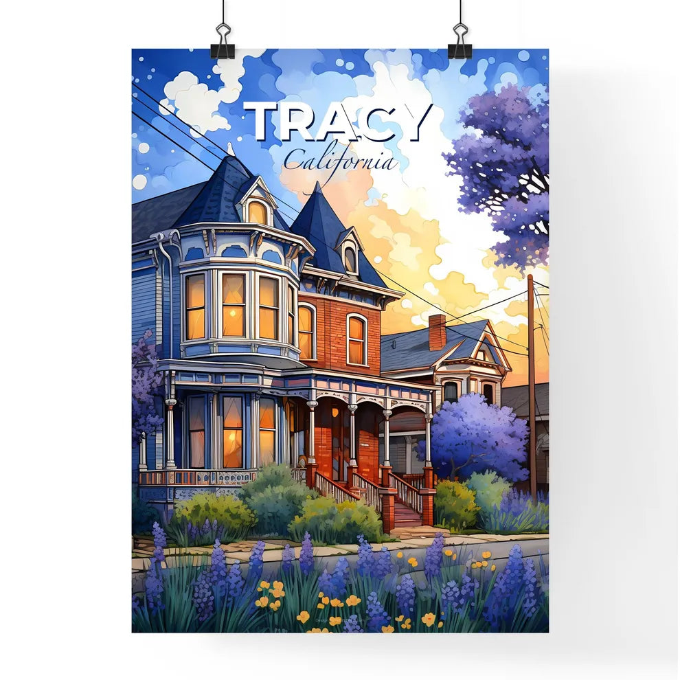 Tracy, California, A Poster of a house with purple flowers and trees Default Title