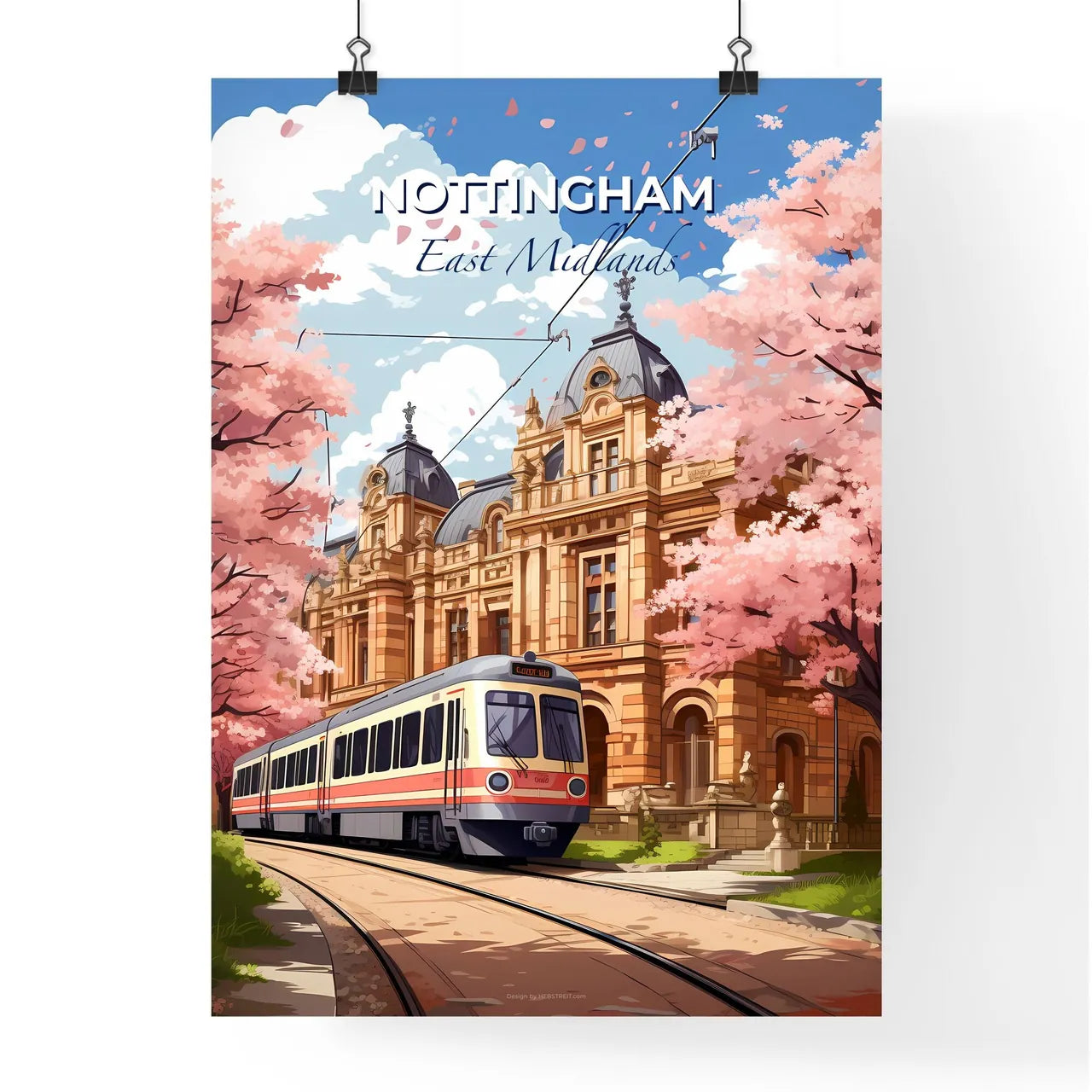 Nottingham, East Midlands, A Poster of a train on the tracks in front of a building Default Title