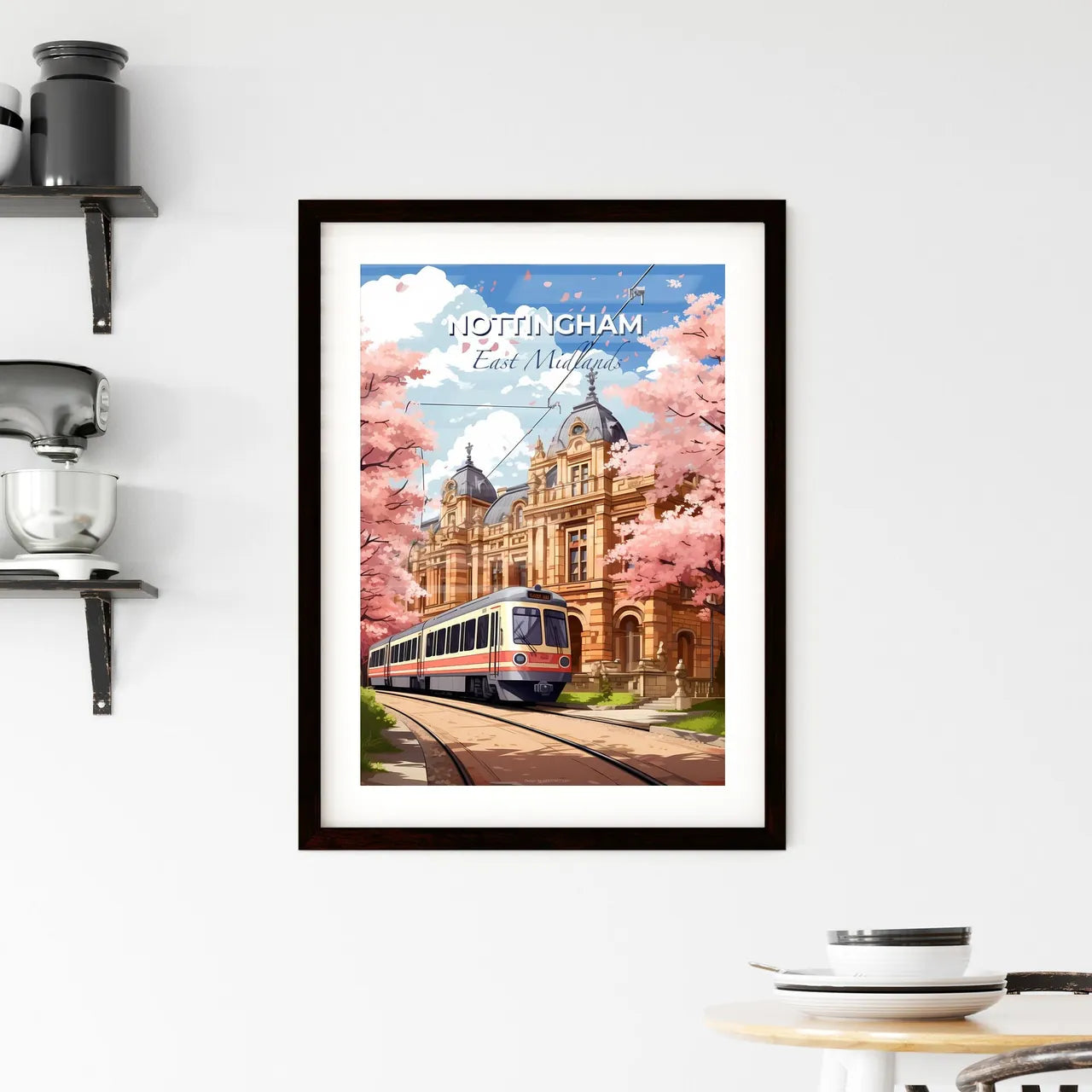 Nottingham, East Midlands, A Poster of a train on the tracks in front of a building Default Title