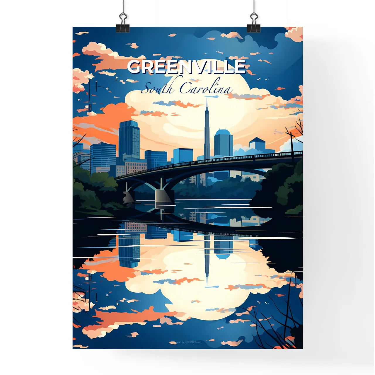 Greenville, South Carolina, A Poster of a bridge over a river with trees and a city in the background Default Title