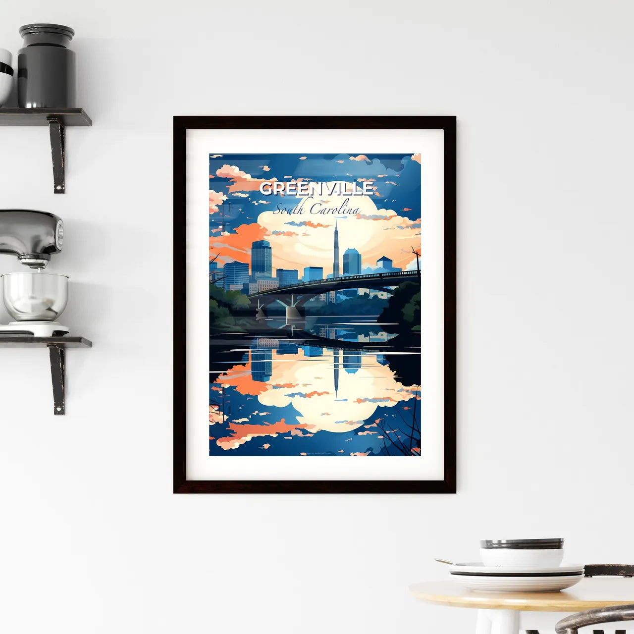 Greenville, South Carolina, A Poster of a bridge over a river with trees and a city in the background Default Title