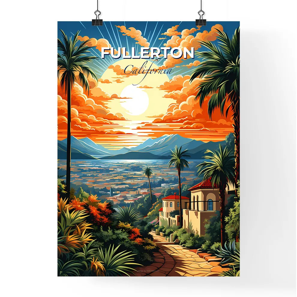 Fullerton, California, A Poster of a painting of a city with palm trees and mountains Default Title