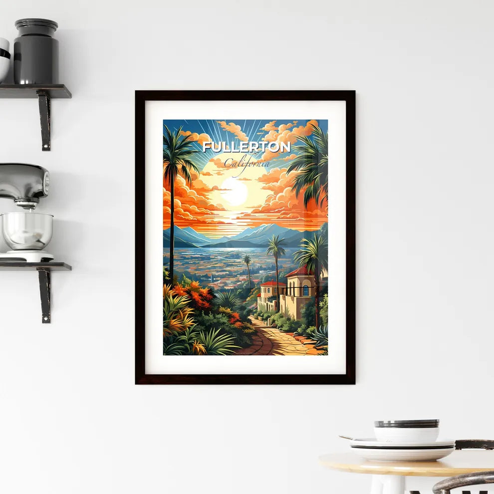 Fullerton, California, A Poster of a painting of a city with palm trees and mountains Default Title